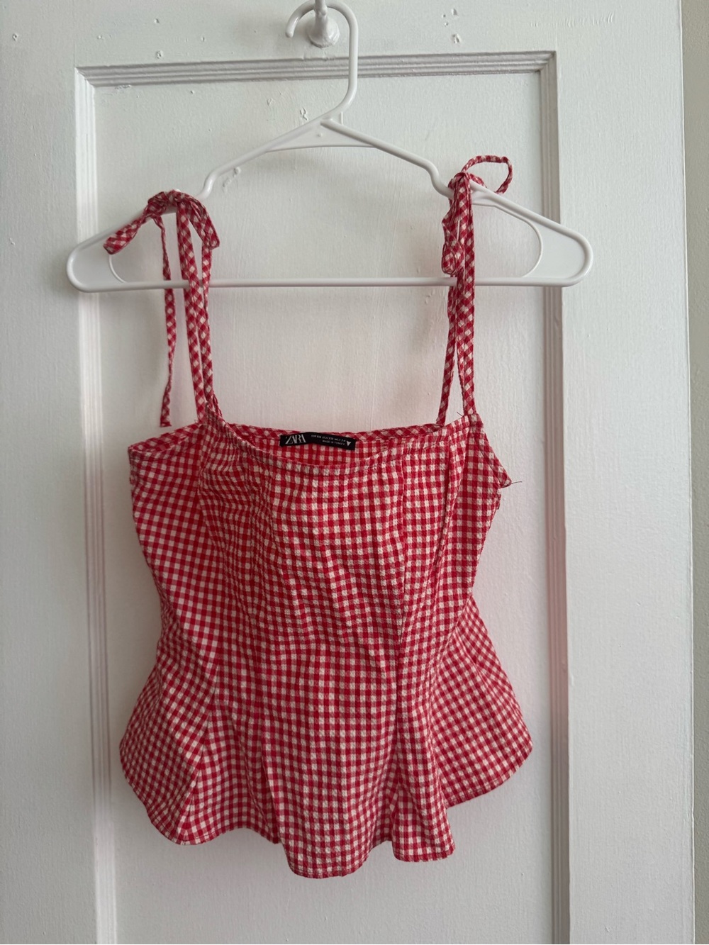 Zara Red Gingham Tie-Strap Peplum Cami